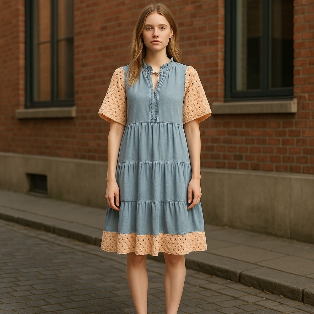 Denim dress upcycled with blush Cream sleeves sz small